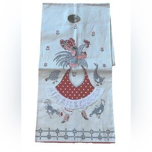 🆕 Imperial pure linen lady with chickens vintage‎ 1950s tea towel 25x15 kitchen